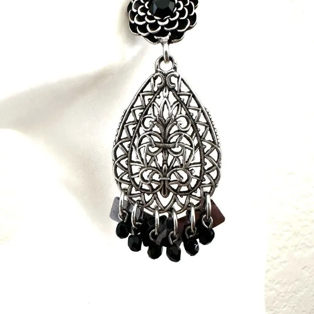Chico’s   silver tone teardrop  black  drop earrings